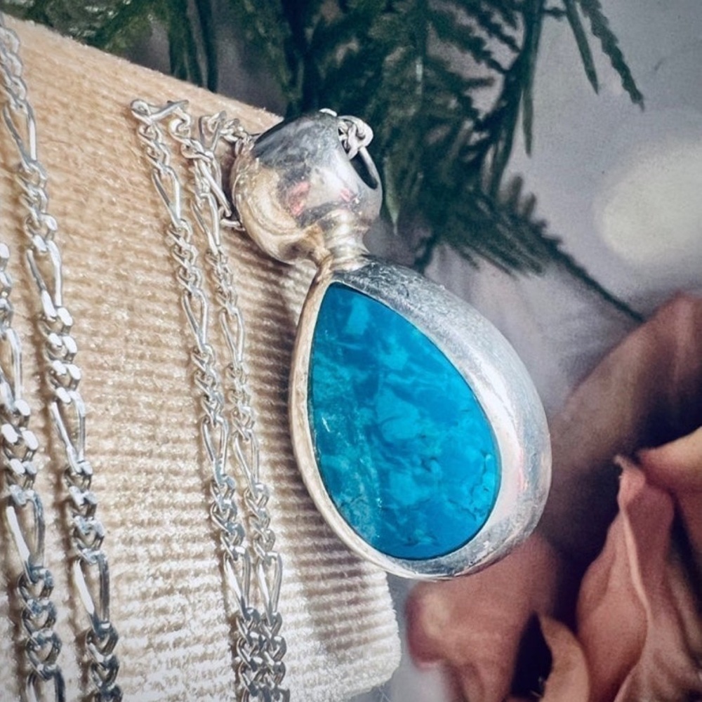 Vintage Handmade Turquoise Pendant Solid Heavy 925 Sterling Silver Mexico .925 - Picture 14 of 15